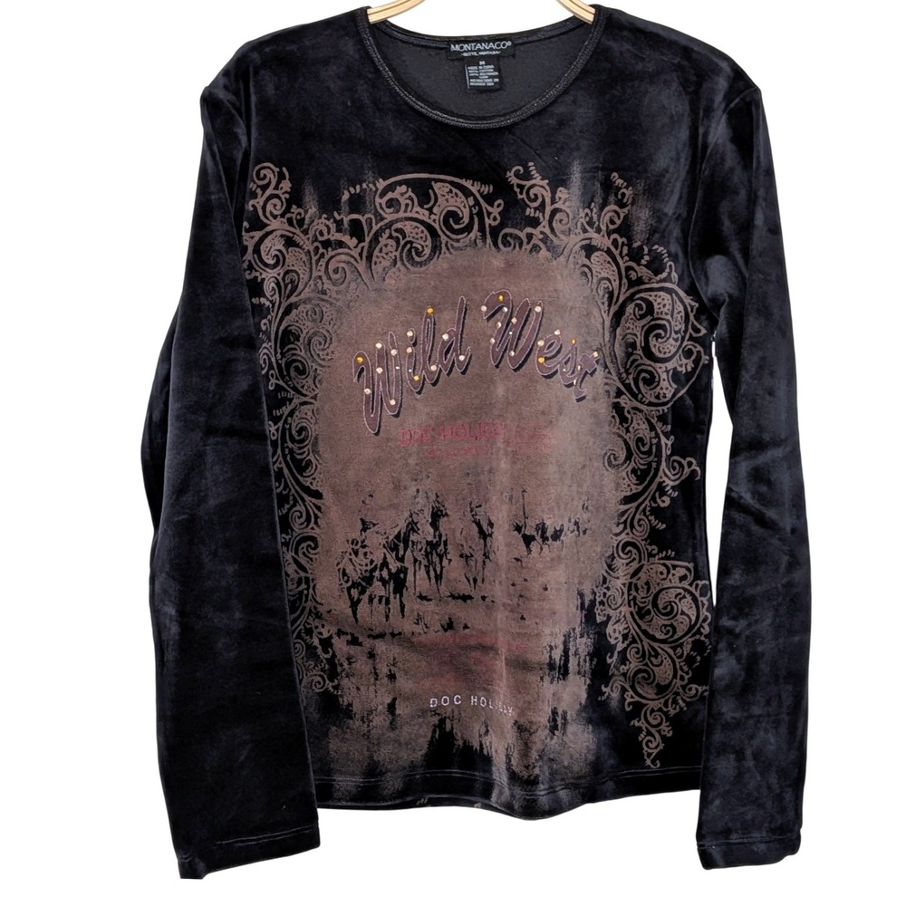 Montana Co‎ Wild West Doc Holiday Rhinestone Long Sleeve Top Black Medium NWT